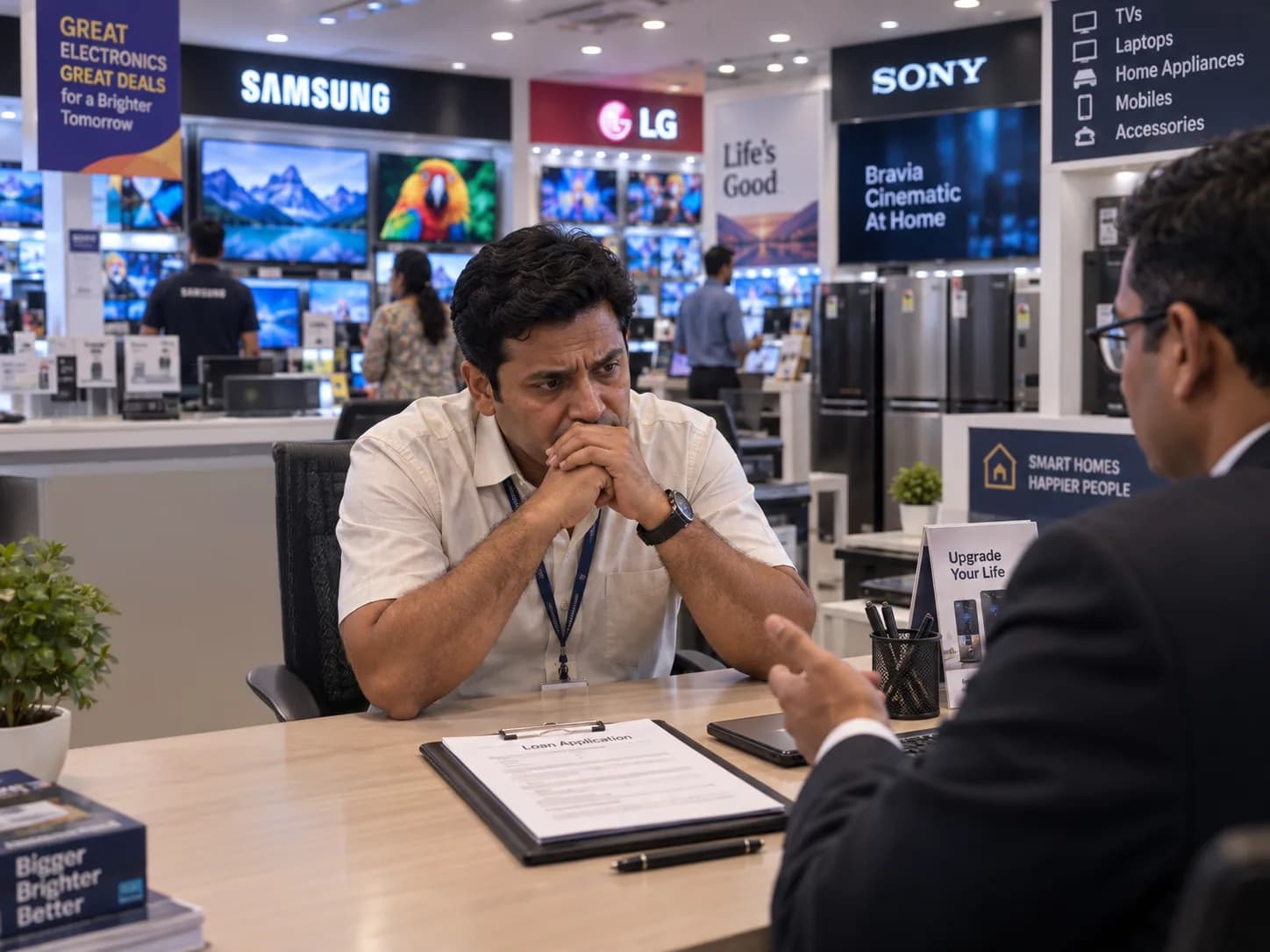 A retailer reviewing a property-collateral loan document