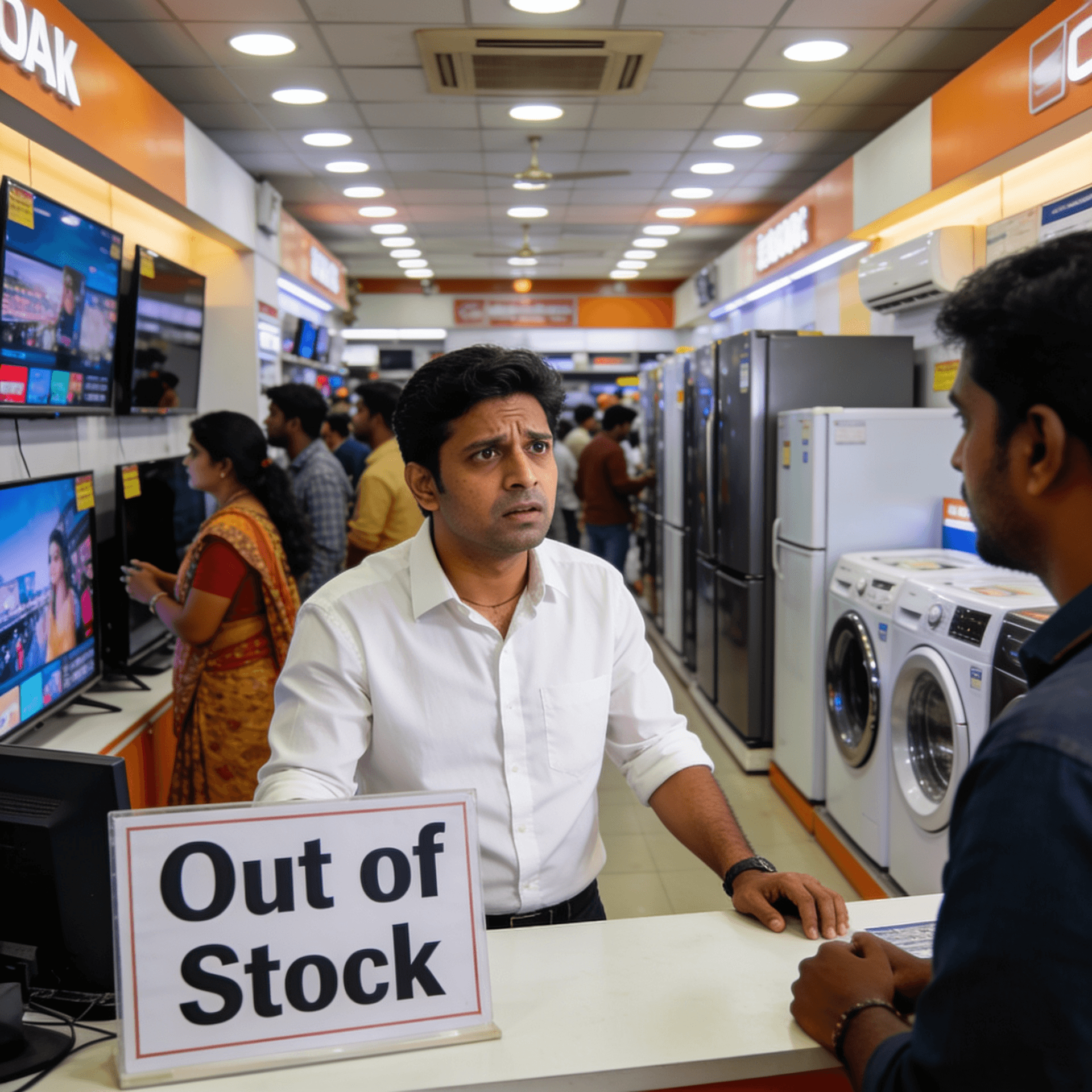 A worried shop owner at the counter of a busy electronics showroom, behind an Out of Stock sign